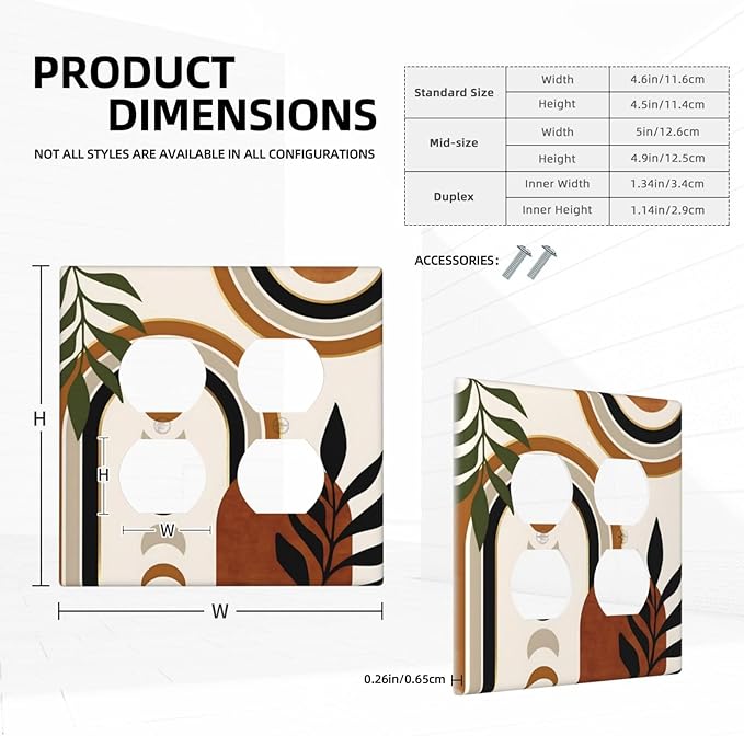 Boho Mid Century Arch Plant Leaves Sun Moon Outlet Covers 2 Gang Double Duplex Decorative Light Switch Covers Electrical Wallplates Socket Faceplate for Bedroom Living Room Decor