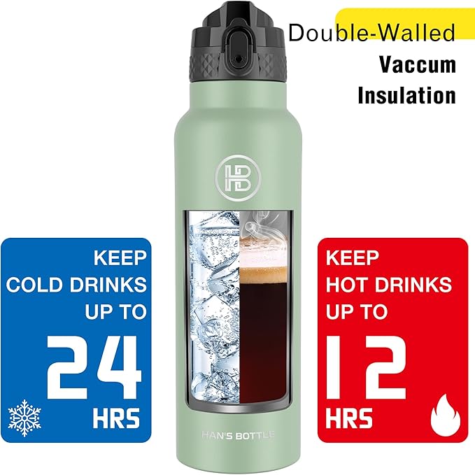 Han's Bottle Sports Water Bottle - 24 Oz, Straw Lid, Leak Proof, Vacuum Insulated Stainless Steel, Double Walled, Thermo Mug,Pine Green