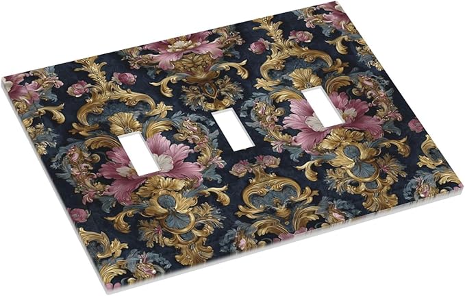 Decorative Light Switch Cover Plate Rococo Pink Floral Flower Gold Leaf 3 Gang Wall Plates for Electrical Outlets Triple Toggle Switch Plate Covers Outlet Covers Faceplate for Home Decor