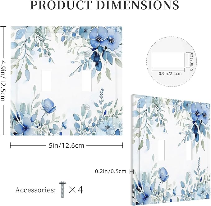 Watercolor Blue Flower Plant Floral Green Leaves Decorative Switch Plates 2 Gang Double Toggle Outlet Light Switch Cover Wall Plate Electrical Faceplate for Bedroom Living Room Decor