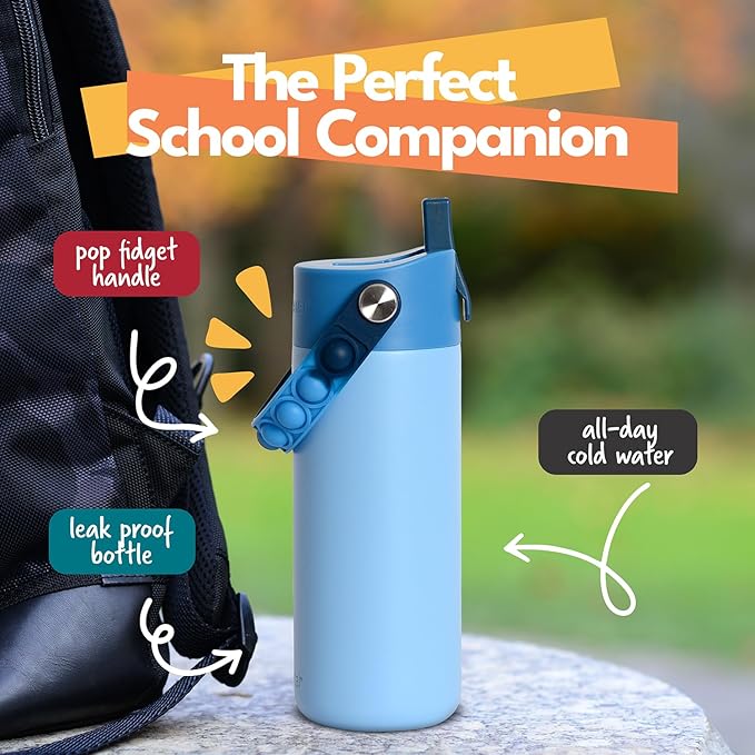 Elemental Insulated Kids Water Bottle, Stainless Steel Water Bottle with Straw Lid & Pop-It Handle, Leak-Proof Water Bottles for School, Boys or Girls, Travelling and Sports, 18oz - Ocean Tie Dye