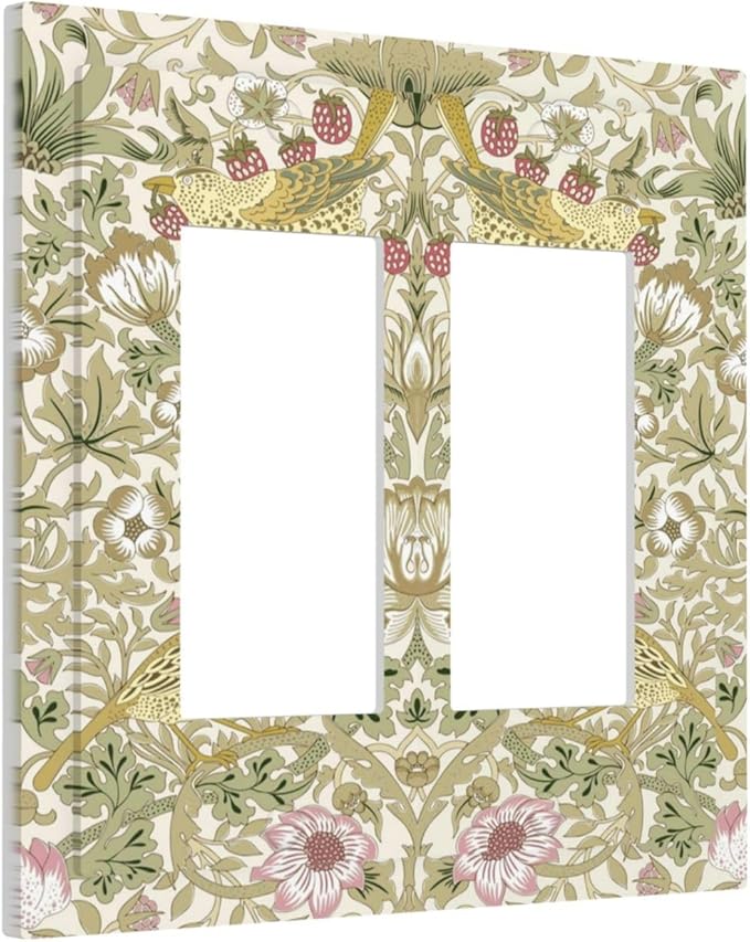William Morris Vintage Strawberry Bird Botanical Decorative Outlet Covers 2 Gang Double GFCI Rocker Electrical Wall Panels Light Switch Cover Plate for Farmhouse Home Decor