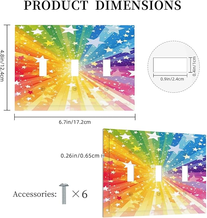 Light Switch Cover Plate Rainbowcolored Rays With White Stars 3 Gang Triple Toggle Decorative Switch Plates Wall Plates Electrical Switchplate Faceplate for Nursery Home Decor