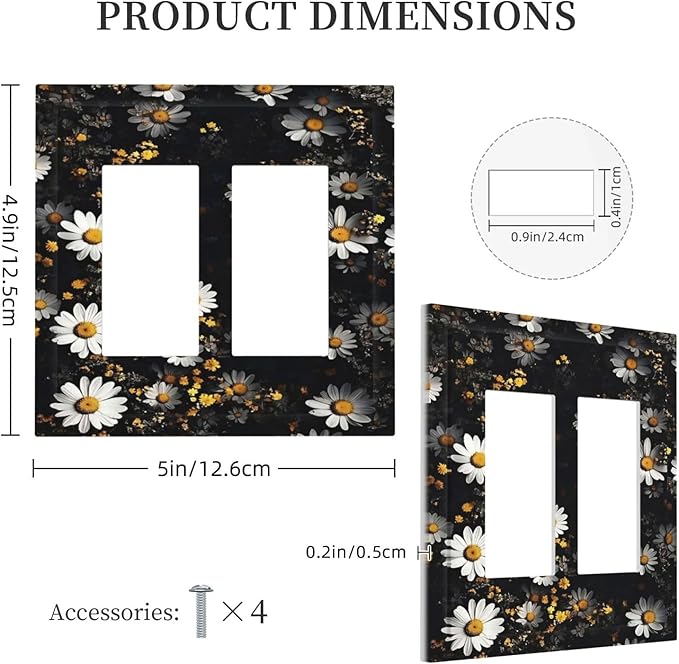 White Black Daisy Wildflower Modern Chrysanthemum Decorative Outlet Covers 2 Gang Double GFCI Rocker Electrical Wall Panels Light Switch Cover Plate for Bedroom Farmhouse Decor