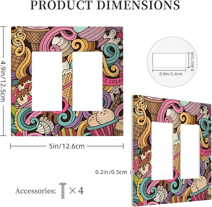 Cartoon Hand Drawn Ice Cream Doodles Colorful Print Decorative Outlet Covers 2 Gang Double GFCI Rocker Electrical Wall Panels Light Switch Cover Plate for Kids Room Nursery Decor