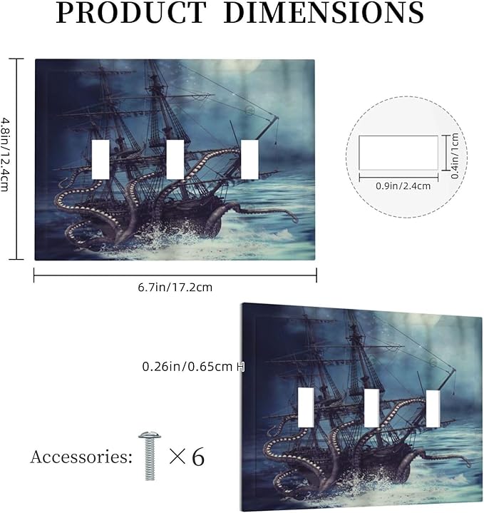 Octopus Ocean Kraken Nautical Pirate Ship 3 Gang Light Switch Covers Decorative Unique Triple Toggle Wall Plate Electrical Faceplate Switchplate for Kitchen Bathroom Bedroom Home Decor