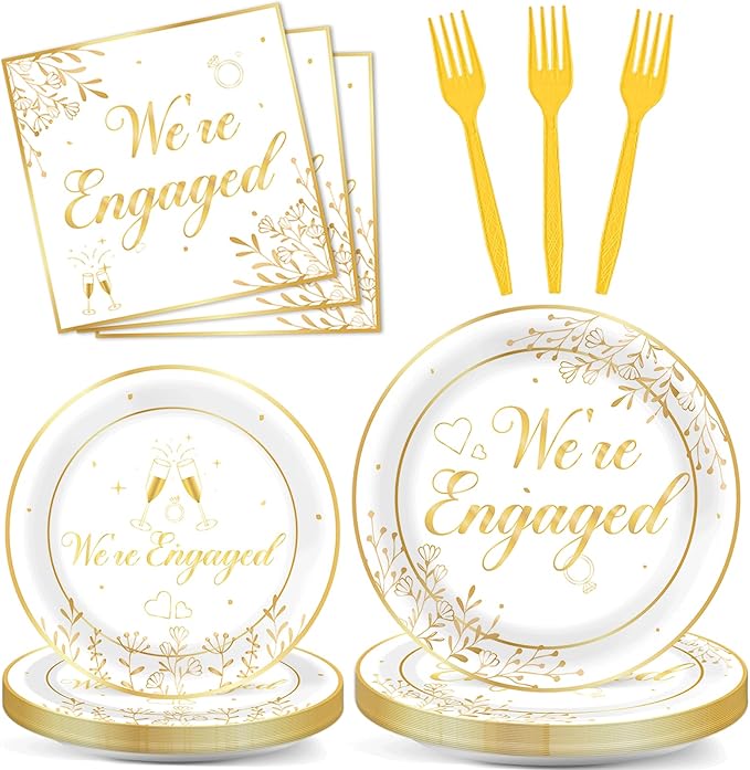 Justforjoyful 96Pcs Happy Engagement Party Supplies Engagement Paper Plates Napkins We're Engaged Party Tableware Set We're Engaged Dinnerware for Wedding Birthday Bridal Shower Decoration Serve 24