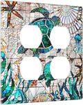 Summer Nautical Mosaic Turtles 2-Gang Device Duplex Wall Plate, Beach Tropical Ocean Wild Life Marine Compass Decorative Two Gang Double Duplex Receptacle Socket Outlet and Light Switch Cover Plate