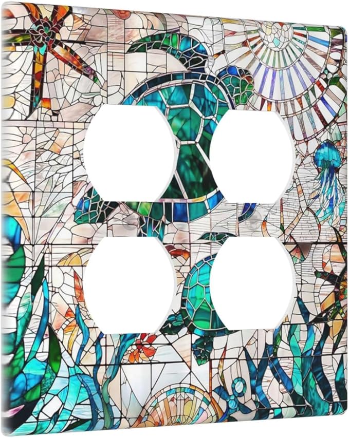 Summer Nautical Mosaic Turtles 2-Gang Device Duplex Wall Plate, Beach Tropical Ocean Wild Life Marine Compass Decorative Two Gang Double Duplex Receptacle Socket Outlet and Light Switch Cover Plate