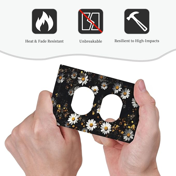 White Black Daisy Wildflower Modern Chrysanthemum Outlet Covers 1 Gang Duplex Light Switch Cover Decorative Switch Plates Electrical Receptacle Faceplate Wall Plate for Bedroom Farmhouse Decor