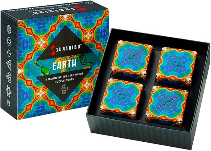 Shashibo Shape Shifting Box - Award-Winning, Patented Fidget Cube w/ 36 Rare Earth Magnets - Transforms Into Over 70 Shapes, Gift Box, Download Fun in Motion Toys Mobile App (Earth, 4 Pack)