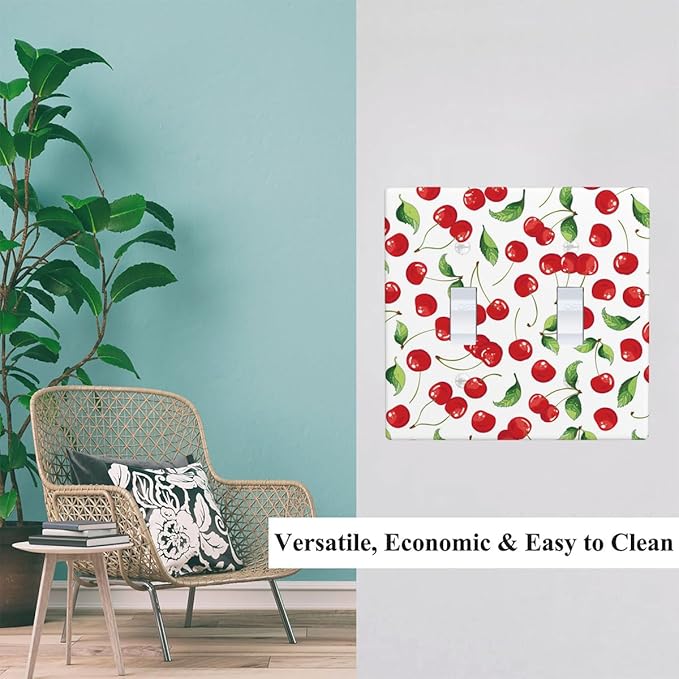 Cherry Fruits 2 Gang Wall Plate Red Cherries with Green Leaves Double Toggle Light Switch Cover Electrical Switchplate Decorative Faceplate Standard Size Home Decor