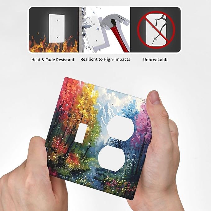 Colorful Forest Snow Mountain River Oil Painting Style Wallplates 1 Toggle 1 Duplex Switch Plate Electrical GFCI Faceplate Decorative Light Switch Covers for Bedroom Living Room Decor