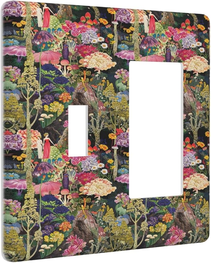 Dreamy Tropical Rainforest Colorful Mushroom Wildflower Outlet Covers 1 Toggle 1 Rocker Combination Decorative Wall Plate Electrical Switch Plates Light Switch Cover Plate for Farmhouse Kids Room