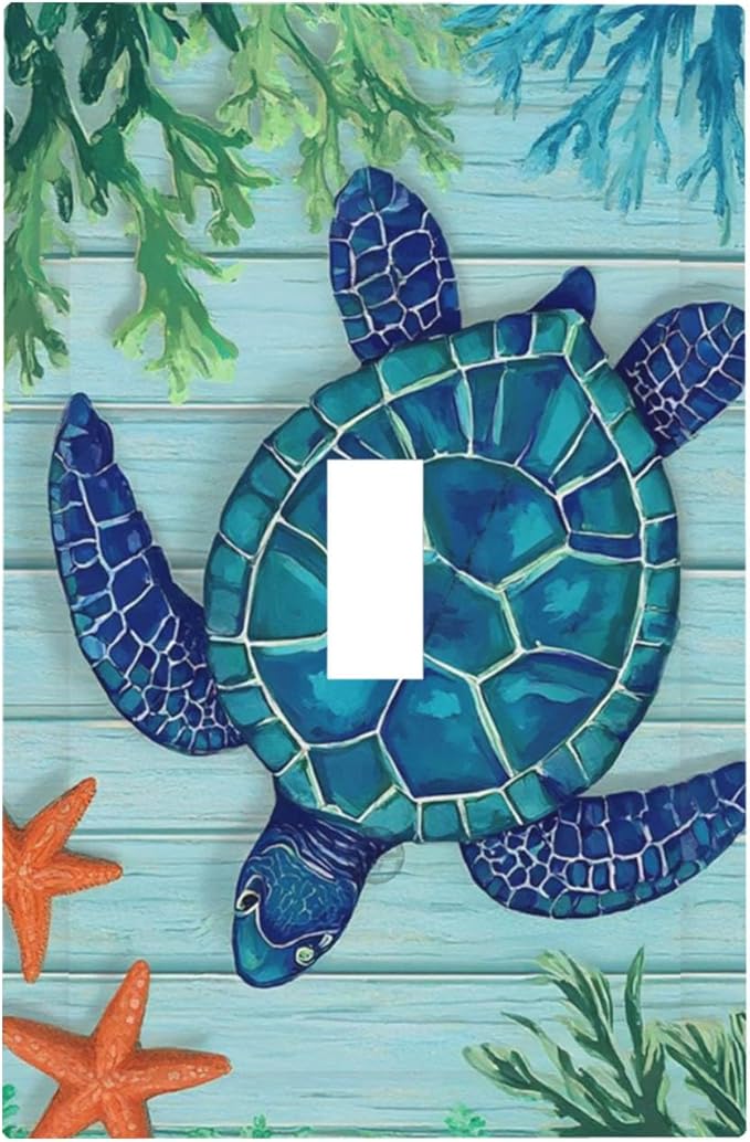 Coastal Sea Turtle 1-Gang Toggle Light Switch Plate, Mosaic Starfish Nautical Ocean Theme Decorative Wall Plate for Coastal Homes