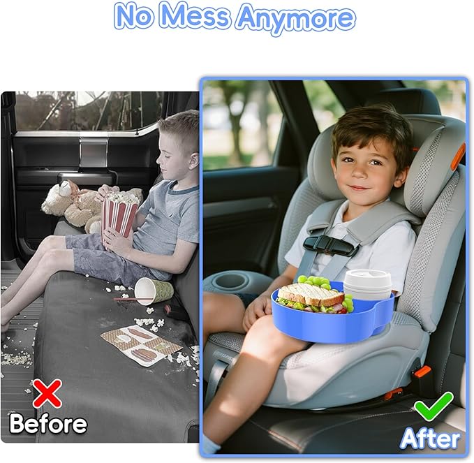 [2 Packs] Kids Car Seat Tray, Travel Tray with Cup Holder for Toddler, Kids Car Seat Food Snack Tray for Road Trip, Stroller snack tray travel must haves - Blue Color