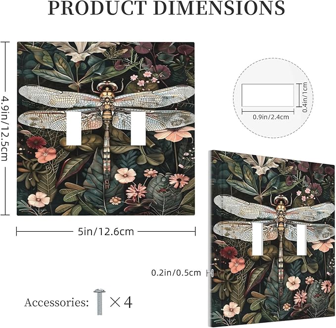 Vintage Dark Green Dragonfly Flowers Floral Botanical Decorative Switch Plates 2 Gang Double Toggle Outlet Light Switch Cover Wall Plate Electrical Faceplate for Farmhouse Home Decor