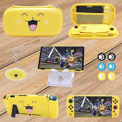 GUTIAL Accessories Bundle for Nintendo Switch - Cute Kawaii NS Accessories kit for Grils Boys Kids with Travel Carrying Case and Cartoon Dockable Cover Case, Screen Protector, Stand - Yellow