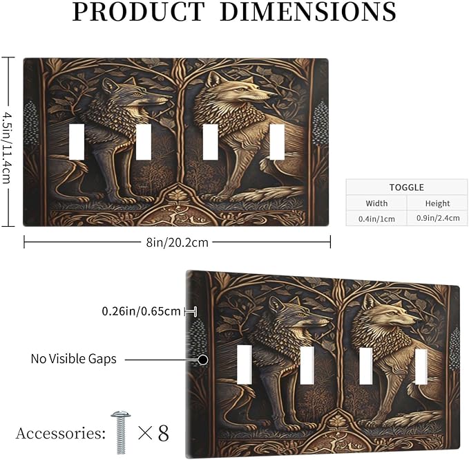 Medieval Wolves Animal Vintage Print Light Switch Covers Quad Toggle Electrical Faceplate 4 Gang Wall Plate Decorative Switch Plates for Farmhouse Home Decor