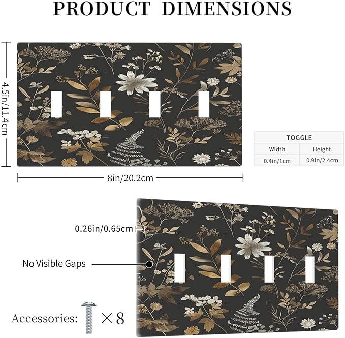 Light Switch Covers Black Gold Floral Dark Leaves Vintage Flowers Quad Toggle Electrical Faceplate 4 Gang Wall Plate Decorative Switch Plates for Bed Room Home Decor