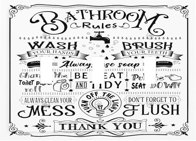 Toilet Bathroom Rules Quotes Vintage Sign Washroom Decorative 3 Gang Light Switch Cover Funny Bathroom Fun Bath Toilet Decor Triple Toggle Wall Plate Electrical Switch Socket Plug Face Plate