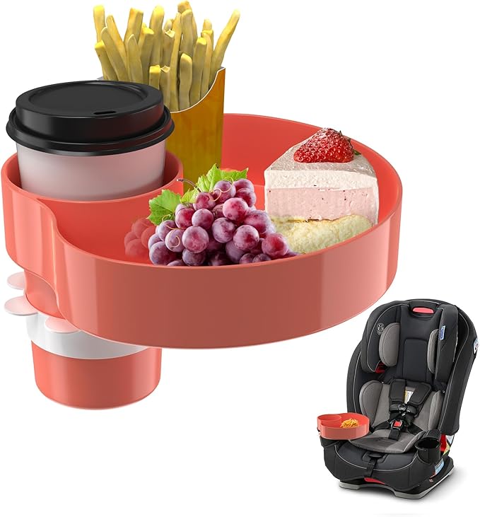 Kids Car Seat Tray, Travel Tray with Cup Holder for Toddler Baby, Kids Car Seat Food Snack Organizer for Road Trip, Stroller snack Organizer Travel Must Haves Toddler Must Haves (Orange)