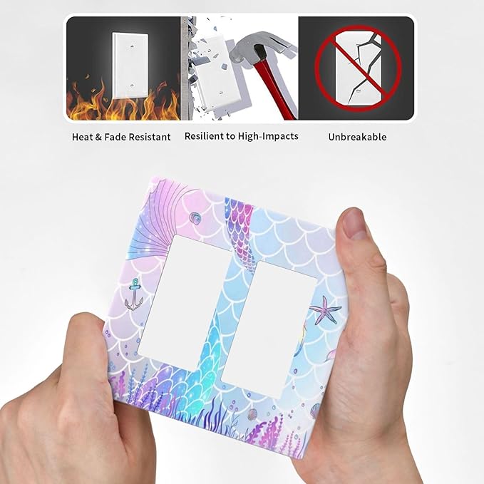 Watercolor Cute Kids Girl Purple Pink Mermaid Tail Scales Starfish 2 Gang Screwless Double Decorator/GFCI Wall Plate Rocker Outlet Light Switch Decorative Two Dual Device Receptacle Face Plate Cover