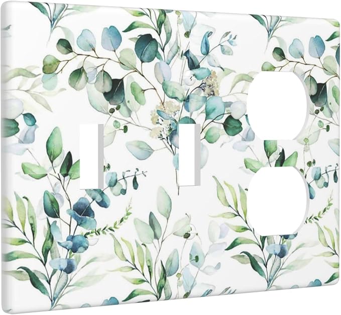 Green Olive Sage Eucalyptus Leaves 3-Gang 2-Toggle 1-Duplex Receptacle Combination Light Switch Decorative Triple Combo Device Switches/Rocker Outlet Covers and Wall Plate