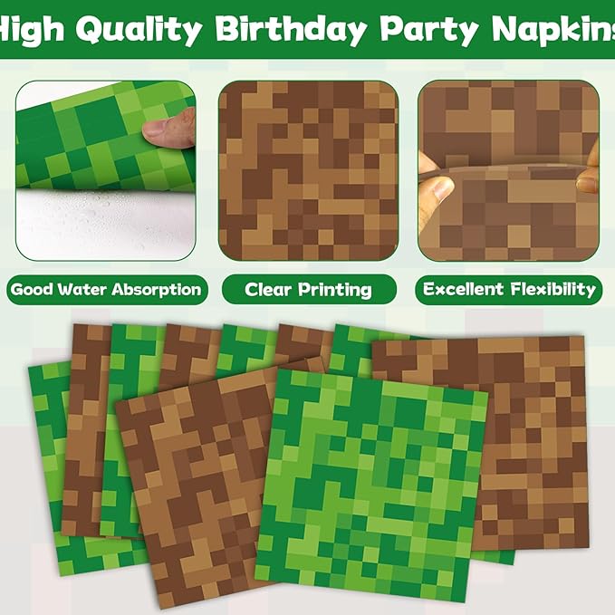 96 Pcs Pixel Party Paper Plates and Napkins Pixel Party Decorations Video Game Disposable Dessert Plates Mining Gaming Tableware Set Serves 24 Guests Boys Girls Kids Teenagers Birthday Supplies