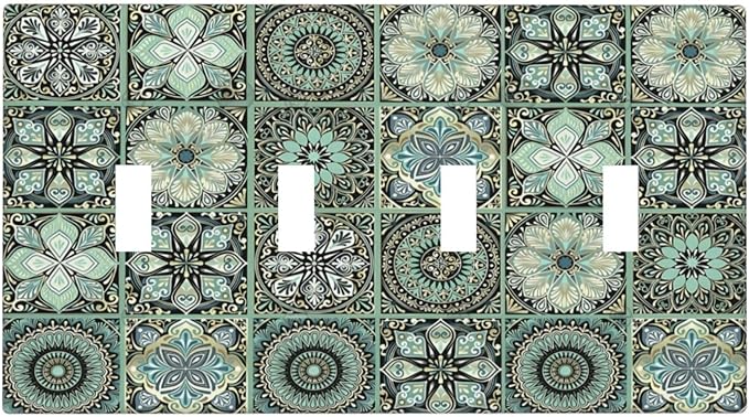 Moroccan Mandala Tile Floral Talavera Tiles Light Switch Covers Quad Toggle Electrical Faceplate 4 Gang Wall Plate Decorative Switch Plates Cover for Bathroom Kitchen Decor