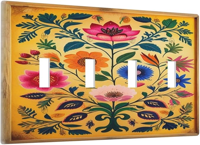 Decorative Art Light Switch Covers ColorFul Blooms Quad Toggle 4 Gang Wall Plate Switch plate Electrical Faceplate for Home Decor