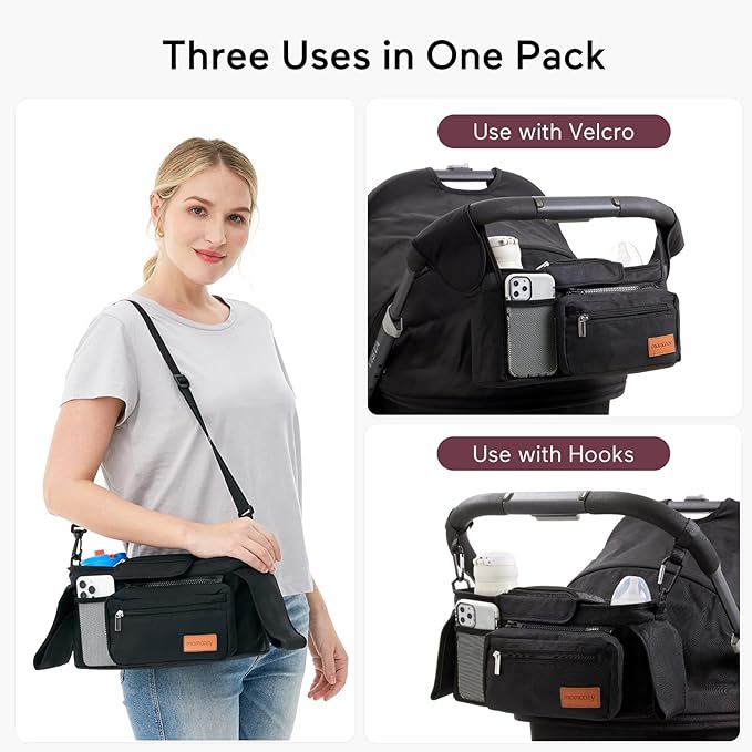 Momcozy Universal Stroller Organizer with Insulated Cup Holder Portable Stroller Fan, 27H Ultra-long Battery Life, Detachable 4 Speed 360°Rotate, LED Night Light with 2 Modes