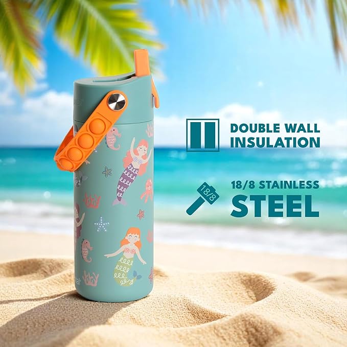 Elemental Insulated Kids Water Bottle, Stainless Steel Water Bottle with Straw Lid & Pop-It Handle, Leak-Proof Water Bottles for School, Boys or Girls, Travelling and Sports, 18oz - Mermaid Sisters
