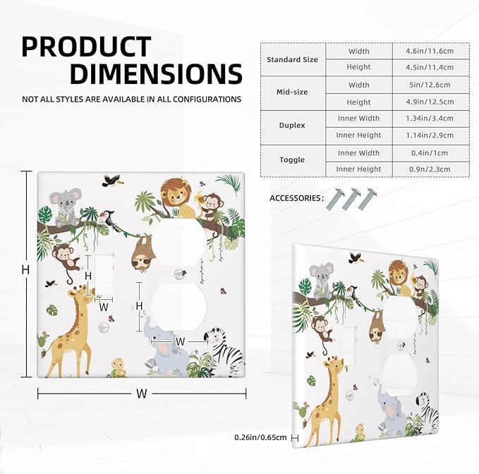 Jungle Animals Tree Branch Monkey Giraffe Lion Elephant Wallplates 1 Toggle 1 Duplex Switch Plate Electrical GFCI Faceplate Decorative Light Switch Covers for Kids Room Nursery Decor