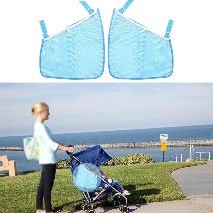 2 Pack Side Sling Cargo Stroller Net, Universal Stroller Organizer Bag, Non-Slip and Adjustable Straps Storage Mesh Cargo Net for Stroller Storage (Blue)