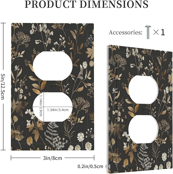 Outlet Covers Black Gold Floral Dark Leaves Vintage Flowers 1 Gang Duplex Light Switch Cover Decorative Switch Plates Electrical Receptacle Faceplate Wall Plate for Bed Room Home Decor