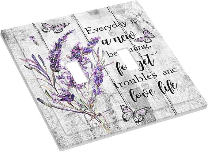 Light Switch Cover Purple Lavender Flower Butterfly on Wood Plank 2 Gang Wall Plate Double Light Switch Plate Inspirational quotation Floral Toggle Decorative Outlet Covers Electrical Switchplate