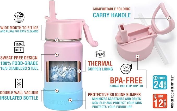 CHILLOUT LIFE 12 oz Kids Insulated Water Bottle for School with Straw Lid Leakproof and Cute Waterproof Stickers, Personalized Stainless Steel Thermos Flask Metal Water Bottle for Girls & Boys