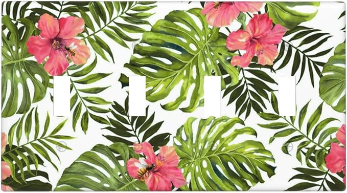 Tropical Plant Green Palm Quad Toggle Wall Plate Covers Decorative 4-Gang Wall Plates Banana Leaves Pink Flower Rainfores Jungle Botanical Electrical Switchplate for Bathroom Bedroom Kitchen Decor