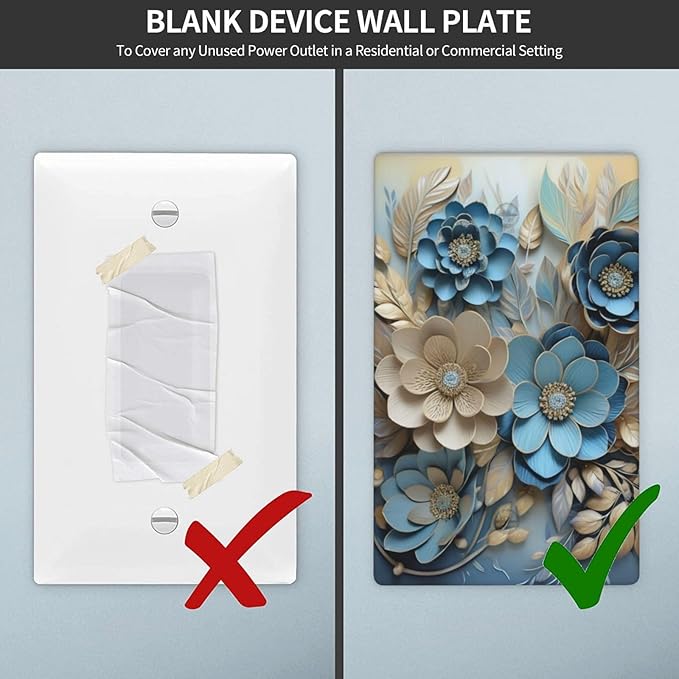 Decorative Art Light Switch Covers Blue and Creamy Floral 1 Gang No Device Blank Switchplate Electrical Faceplate for Home Decor