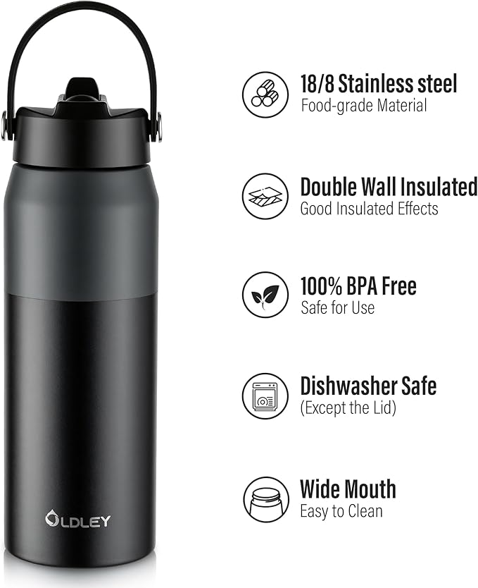 Oldley 24oz Insulated Water Bottle with Straw, Stainless Steel Water Bottle for Sports, Travel, School, BPA-Free Sports Bottles for Adult Kids, Leak-Proof, Gray & Black Layering