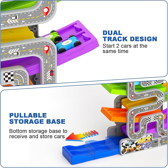 aotipol Toddler Toys for 2 3 Year Old Boy Girl, Double-Track Car Ramp Toy with Pull-Out Parking Lots & 10 Mini Cars, Montessori Toy Birthday Gifts for Toddlers Boys Girls Age 18+ Month Old, New Track