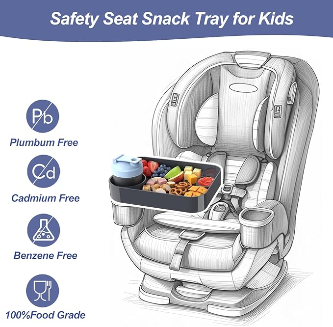 Car Seat Snack Tray for Kids, Mess-Free Square Travel Tray Cup Holder Snack Tray, Durable Car Food Tray for Toddlers, Universal Fit Kids Travel Road Trip Essentials (Dark Gray)
