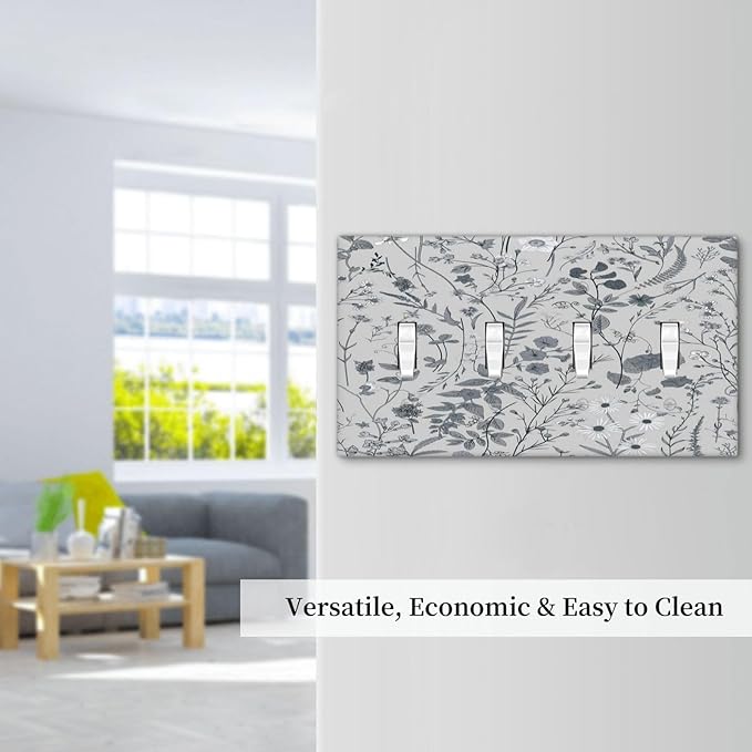 Boho Wild Flowers Farm Floral Quad Toggle Light Switch Cover Decorative Daisy 4 Gang Wall Plate Electrical Faceplate Switchcovers for Bathroom Home Living Room Bedroom Kitchen Decor