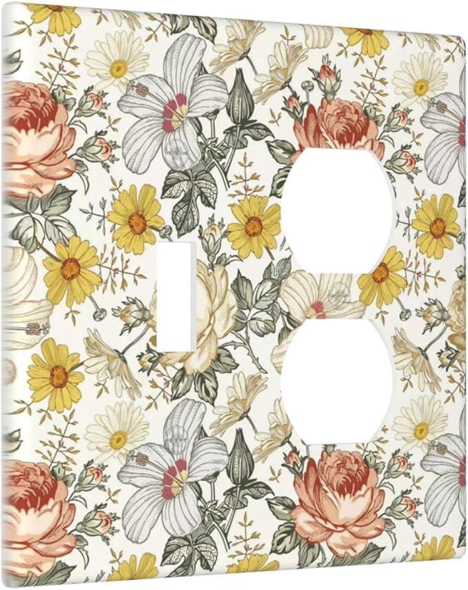 Multicolor Peony Daisy Vintage Floral Flower Wallplates 1 Toggle 1 Duplex Switch Plate Electrical GFCI Faceplate Decorative Light Switch Covers for Bedroom Living Room Decor