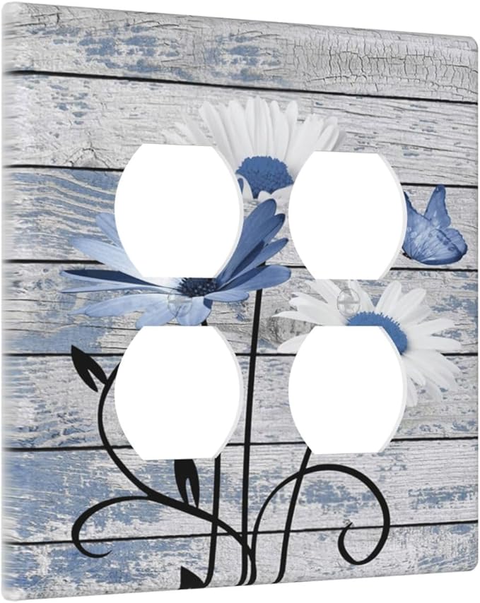 Blue White Daisy Flower Butterfly Rustic Wood Board Outlet Covers 2 Gang Double Duplex Decorative Light Switch Covers Electrical Wallplates Socket Faceplate for Farmhouse Bedroom Decor