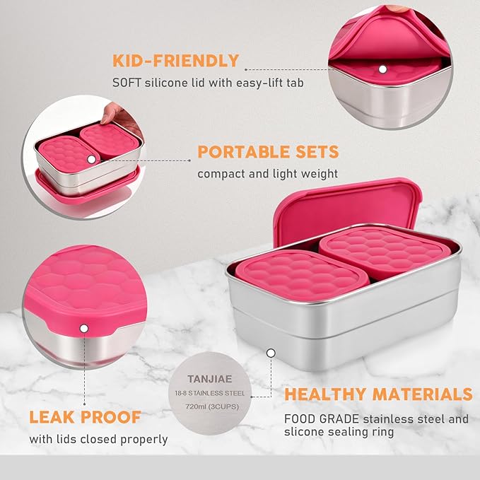 Tanjiae Stainless Steel Lunch Box for Kids | Leak Proof 304 Stainless Steel Snack Containers with Silicone Lids - Perfect Metal Food Containers Set for Kids and Toddlers (25oz+8oz*2)