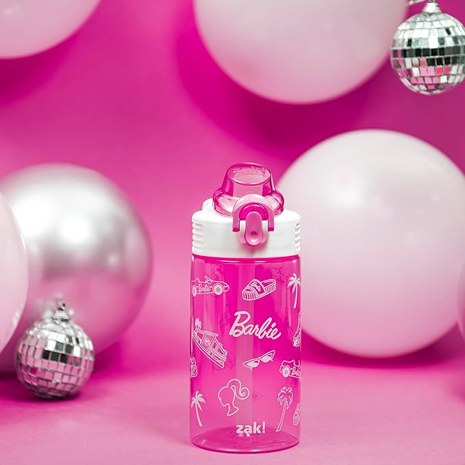 Zak Designs Barbie Sage Water Bottle For School or Travel, 16oz Durable Plastic Water Bottle With Straw, Handle, and Leak-Proof, Pop-Up Spout Cover (Barbie)