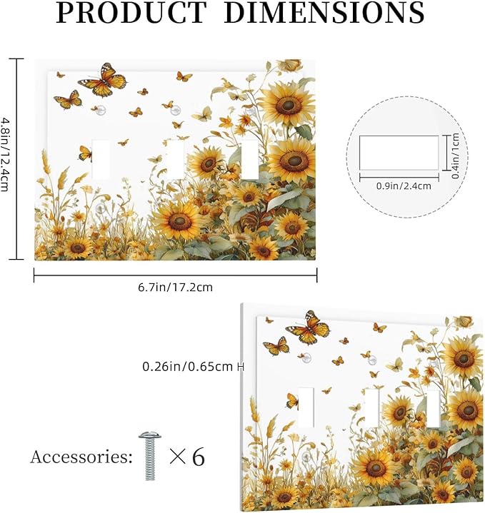 Sunflower Gold Wildflowers Summer Butterfly Decorative Switch Plates 3 Gang Wall Plate Triple Toggle Light Switch Cover Faceplate Electrical Wall Panels for Bedroom Living Room Decor