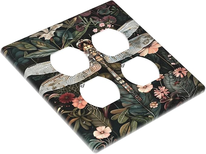 Vintage Dark Green Dragonfly Flowers Floral Botanical Outlet Covers 2 Gang Double Duplex Decorative Light Switch Covers Electrical Wallplates Socket Faceplate for Farmhouse Home Decor